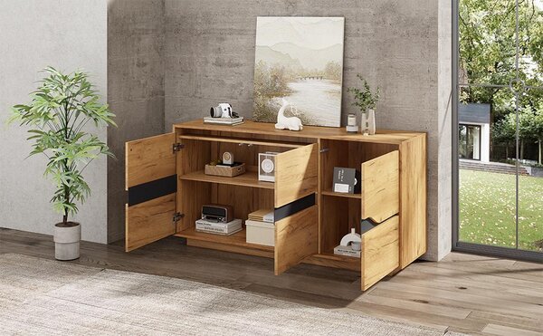Sweiko 140x40x70 cm komoda do obývacího pokoje, příborník se 3 dvířky, jídelní skříň s nastavitelnými přepážkami, široké skříňky bez úchytek, univerzální odkládací skříňka k pohovce, barva dřeva + černá