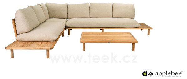 Apple Bee 2-místný díl s odkládacím stolkem na levé straně Sling, Apple Bee, 175x85x67 cm, rám teak natural, pásový výplet Ecru, sedáky venkovní látka Cotton Flower