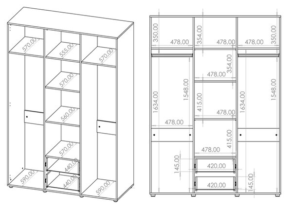 MAXIONE c | šatní skříň SZ3D2SZ MX-12 se zrcadlem | 150 cm | černá mat
