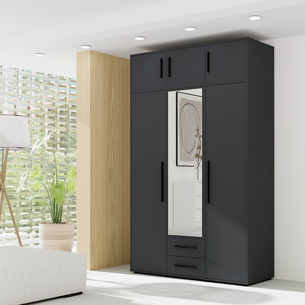 MAXIONE c | šatní skříň SZ3D2SZ + nástavec | se zrcadlem | 150 cm | černá mat