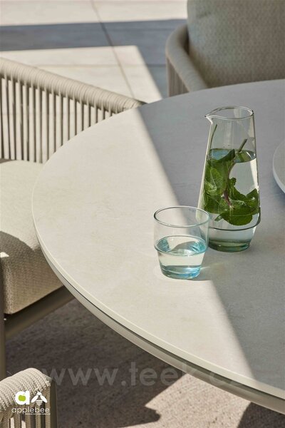 Apple Bee Jídelní stůl snížený low dining Melville, Apple Bee, kulatý 160x69,5cm, rám lakovaný hliník Taupe (šedobéžová), deska keramický kompozit dekor Light Grey