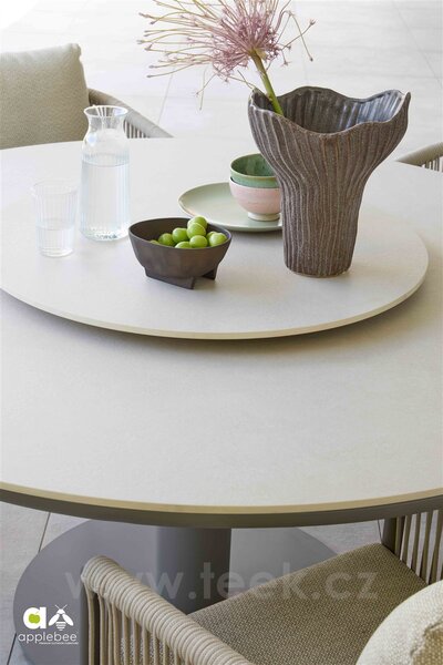 Apple Bee Jídelní stůl snížený low dining Melville, Apple Bee, kulatý 160x69,5cm, rám lakovaný hliník Taupe (šedobéžová), deska keramický kompozit dekor Light Grey