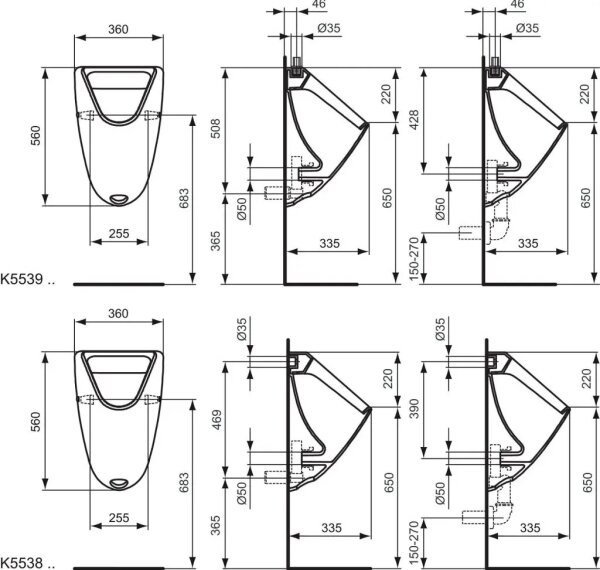 Ideal Standard K553901 - Pisoár EUROVIT horní přívod, zadní odpad keramika/bílá