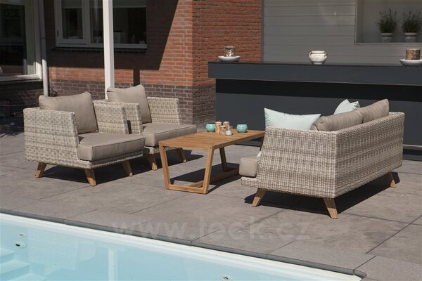 Persoon 4-dílná ratanová sedací sestava Arosa, Persoon, 2x nízké křeslo + 1x 2-místné sofa + konferenční stolek 110x60 cm, umělý ratan bílo-šedý, teak, vč.sedáků Olefin, rychleschnoucí pěna