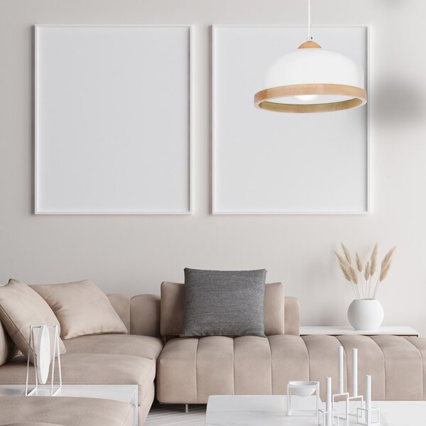 Závěsné svítidlo Studio, 1x dřevěné/bílé kovové stínítko, (fi 32cm), w/br