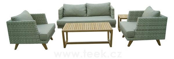 Persoon 4-dílná ratanová sedací sestava Arosa, Persoon, 2x nízké křeslo + 1x 2-místné sofa + konferenční stolek 110x60 cm, umělý ratan bílo-šedý, teak, vč.sedáků Olefin, rychleschnoucí pěna