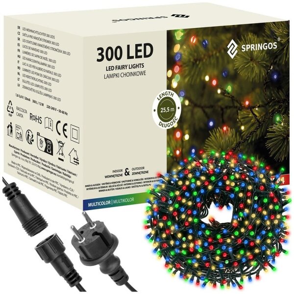 LED světelný řetěz - 25,5m, 300LED, IP44, multicolor