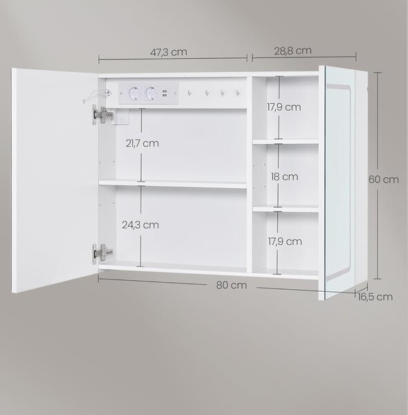 SONGMICS Zrcadlová skříňka s LED osvětlením a nabíjecí stanicí Bjorn 80 cm bílá