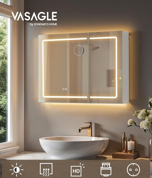 SONGMICS Zrcadlová skříňka s LED osvětlením a nabíjecí stanicí Bjorn 80 cm bílá