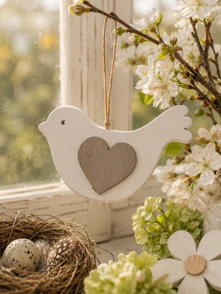 Dřevěný ptáček se srdcem k zavěšení – 12 cm 3001165