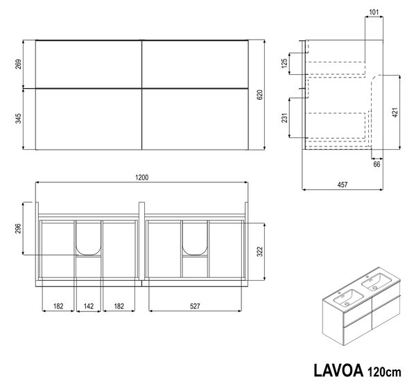 Koupelnová skříňka s dvojumyvadlem LAVOA 120 cm