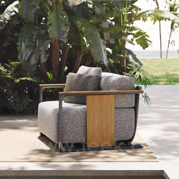 Vondom Nízké křeslo Tulum, Vondom, 104x96x77 cm, rám hliník, područky natural teak, sedáky venkovní látka Group 1A a 1B barva dle vzorníku