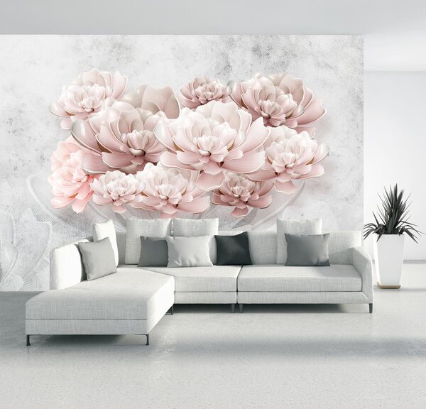 Fototapeta - Růžové květy na zdi (245x170 cm)