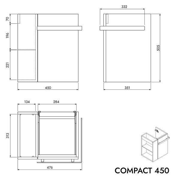 Koupelnová skříňka COMPACT 450 s umyvadlem 45 cm - police vlevo - možnost volby barvy