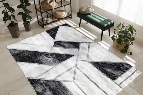 Koberec EMERALD exkluzivní 81953 glamour, styl marmur, geometrický černý / stříbrný