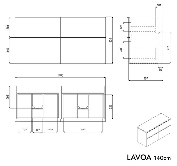 Koupelnová skříňka pod umyvadlo na desku LAVOA 140 cm - možnost volby barvy