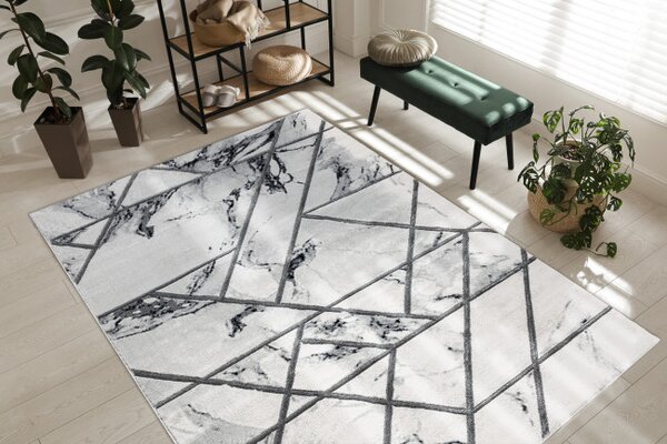 Koberec EMERALD exkluzivní 0085 glamour, styl marmur, geometrický bílý / stříbrný