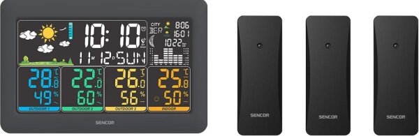 Sencor - Meteostanice s barevným LCD displejem + 3 senzory 3xAA + 6xAA černá