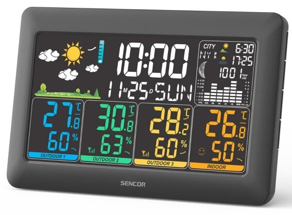 Sencor - Meteostanice s barevným LCD displejem + 3 senzory 3xAA + 6xAA černá