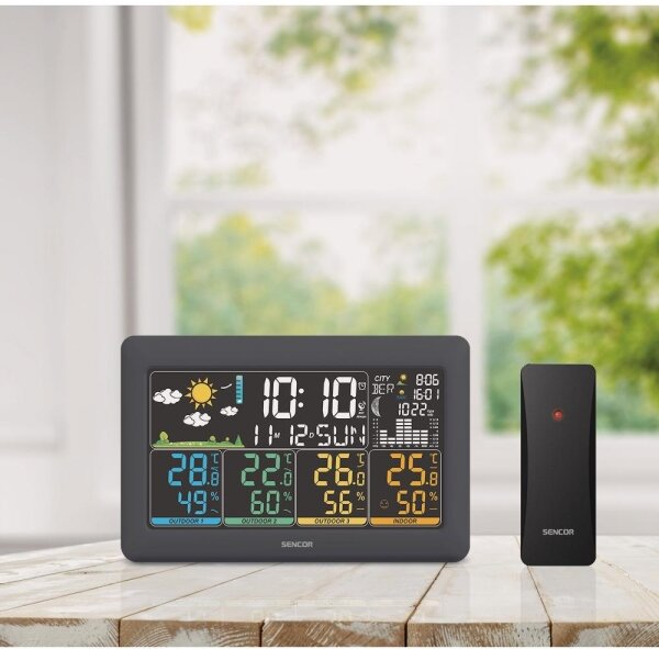 Sencor - Meteostanice s barevným LCD displejem + 3 senzory 3xAA + 6xAA černá