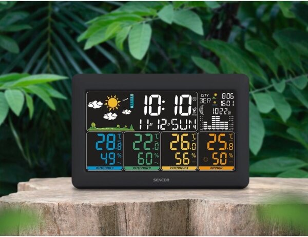 Sencor - Meteostanice s barevným LCD displejem + 3 senzory 3xAA + 6xAA černá