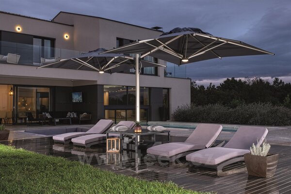 Scolaro Dvojitý boční slunečník Dual T, Scolaro, 600x300 cm, rám lakovaný hliník barva Starwhite, potah akryl 350 g/m2, barva Natural