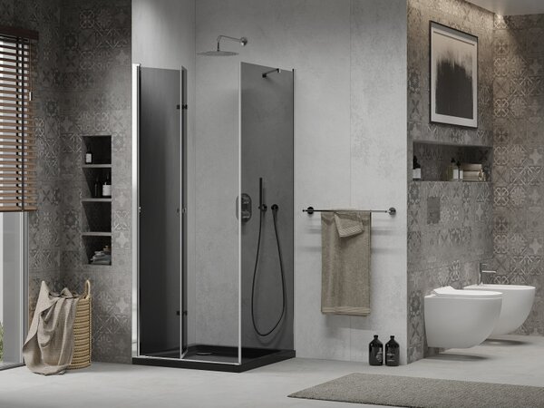 Mexen Lima, sprchový kout se skládacími dveřmi 80 (dveře) x 80 (stěna) cm, 6mm šedé sklo, chromový profil + slim sprchová vanička černá + chromový sifon, 856-080-080-01-40-4070