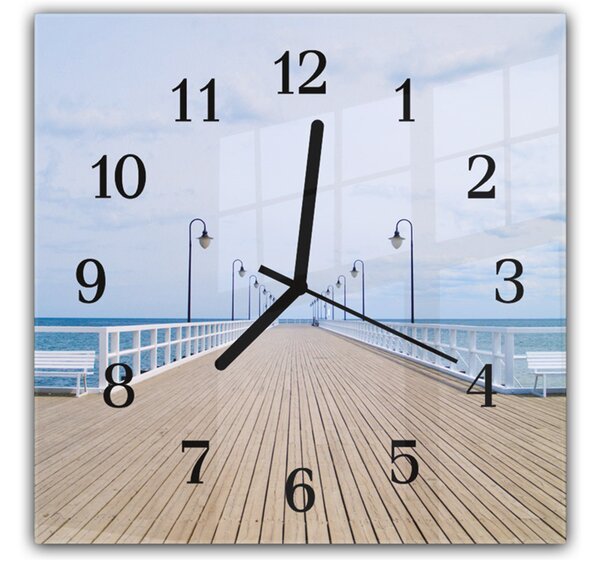 Nástěnné hodiny 30x30cm dlouhé dřevěné molo k moři - plexi