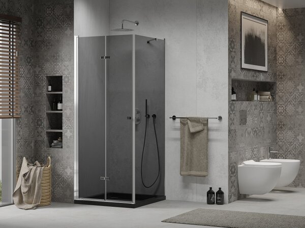 Mexen Lima, sprchový kout se skládacími dveřmi 80 (dveře) x 80 (stěna) cm, 6mm šedé sklo, chromový profil + slim sprchová vanička černá + chromový sifon, 856-080-080-01-40-4070
