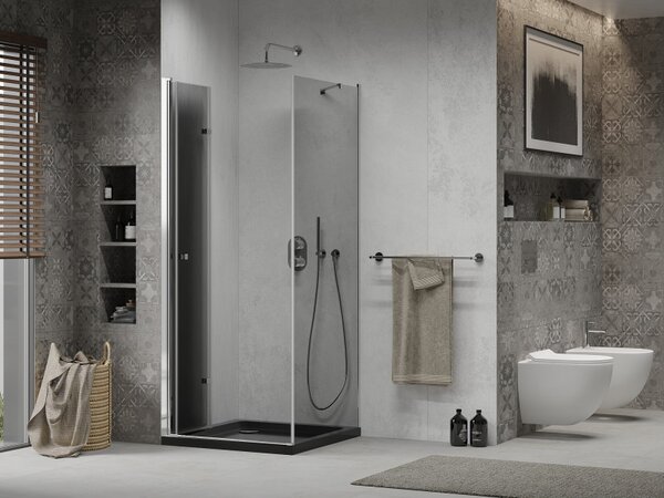 Mexen Lima, sprchový kout se skládacími dveřmi 80 (dveře) x 80 (stěna) cm, 6mm šedé sklo, chromový profil + slim sprchová vanička černá + chromový sifon, 856-080-080-01-40-4070