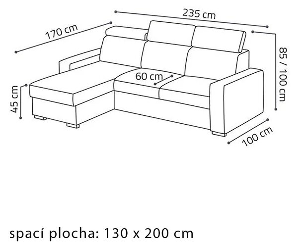 Malá sedací souprava PEDRO L | 170x235 cm | rozkládací + úložný prostor | polohovatelné záhlavníky | VÝBĚR TKANIN