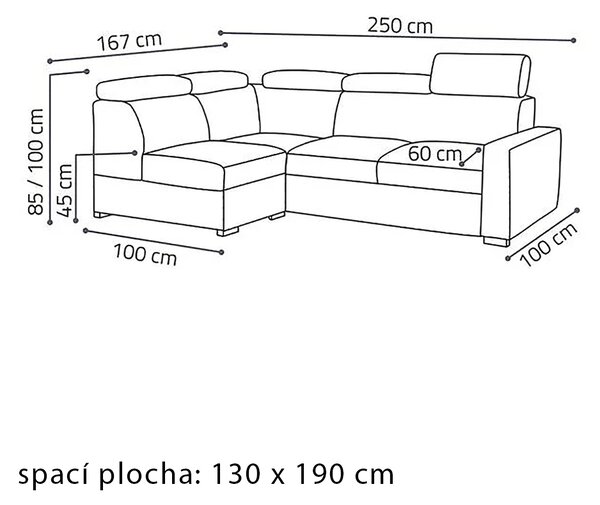 Sedací souprava PEDRO L | 167x250 cm | rozkládací + úložný prostor | polohovatelné záhlavníky | VÝBĚR TKANIN