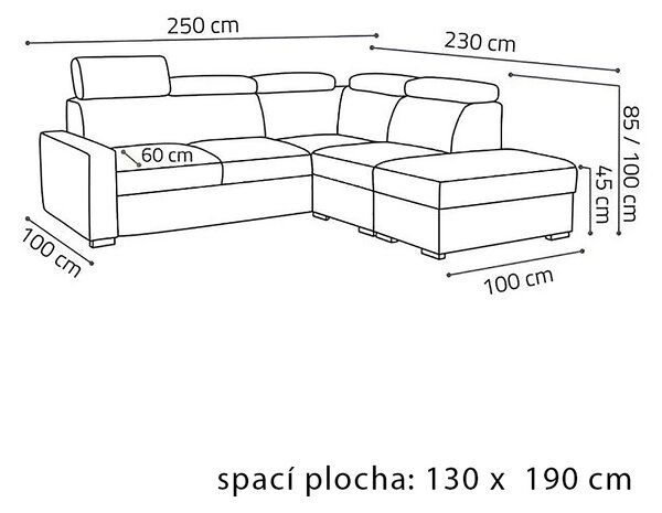 Sedací souprava PEDRO L | 250x230 cm | rozkládací + 2x úložný prostor | polohovatelné záhlavníky | VÝBĚR TKANIN