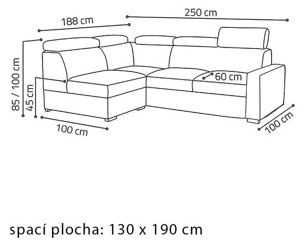 Sedací souprava PEDRO L | 188x250 cm | rozkládací + úložný prostor | polohovatelné záhlavníky | VÝBĚR TKANIN
