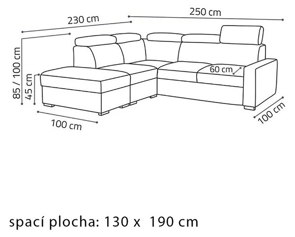 Sedací souprava PEDRO L | 230x250 cm | rozkládací + 2x úložný prostor | polohovatelné záhlavníky | VÝBĚR TKANIN
