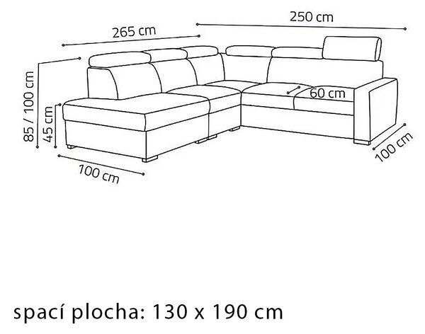 Sedací souprava PEDRO L | 265x250 cm | rozkládací + 2x úložný prostor | polohovatelné záhlavníky | VÝBĚR TKANIN