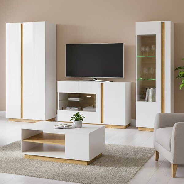Obývací stěna ARCO se skříní | 4 díly | 295 cm + 100x60 cm | bílá mat/lesk/dub grandson