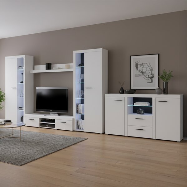 Obývací stěna RUMBA XL + komoda 2F2S | 300 + 156,4 cm | bílá