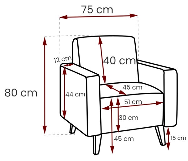 Klasické křeslo OVIEDO | 75 cm | s vysokými nožičkami | úzké | VÝBĚR TKANIN