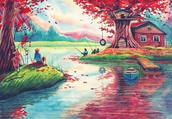 Fototapeta - Aquarel, Zátoka v horské vesničce (245x170 cm)