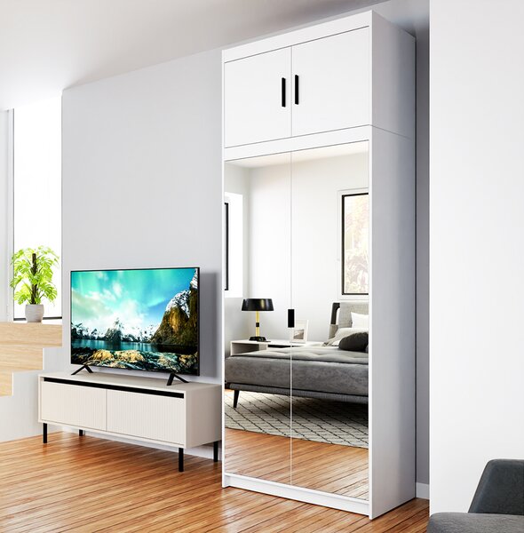 Šatní skříň ELENA 2D + zrcadla + nástavec | 89,7 cm | bílá