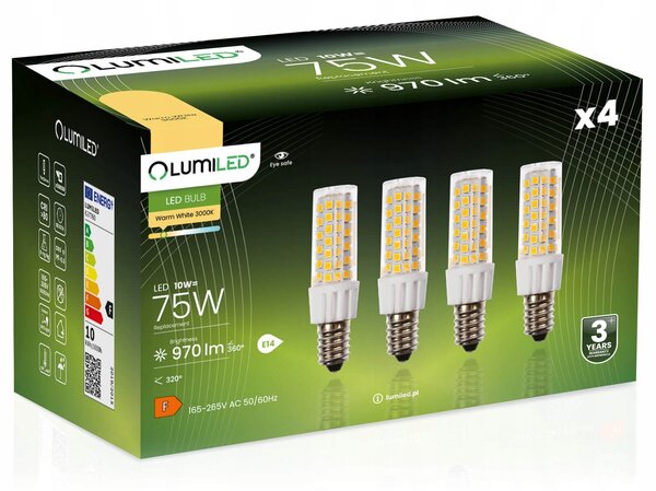 4x LED žárovka E14 Trubková T25 10W = 75W 970lm 3000K Teplá bílá 320° LUMILED
