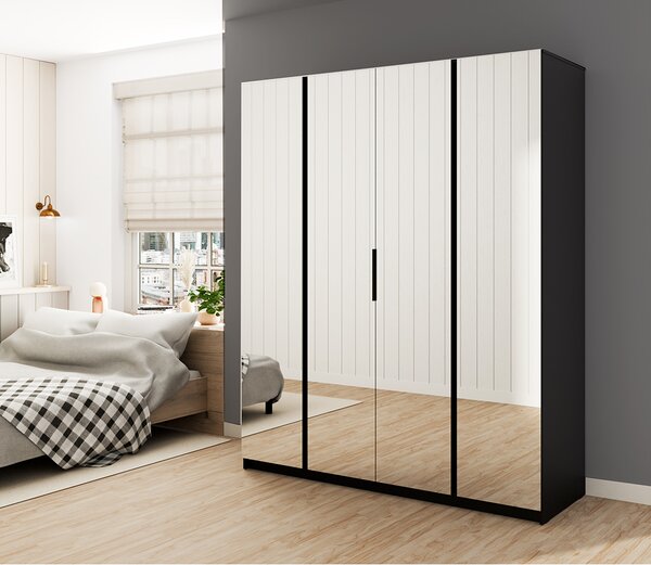 Šatní skříň KAJA 4LU | 200 cm | se zrcadly | VYSOKÁ | černá