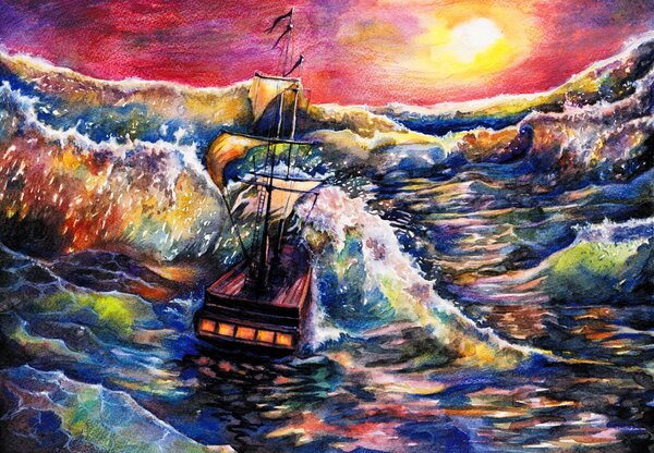 Fototapeta - Loď na oceánských vlnách, aquarel (245x170 cm)