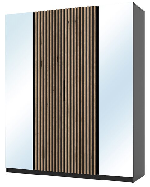Šatní skříň KAJA 2LU 2LAM | 200 cm | se zrcadly | VYSOKÁ | černá + lamely