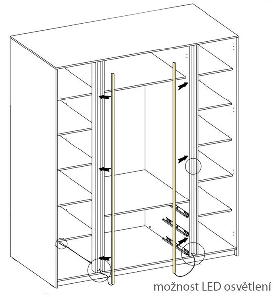 Šatní skříň KAJA 2LU 2F 3S | 200 cm | se zrcadly | VYSOKÁ | evoke/černá