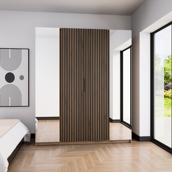 Šatní skříň KAJA 2LU 2LAM | 200 cm | se zrcadly | VYSOKÁ | evoke + černé lamely