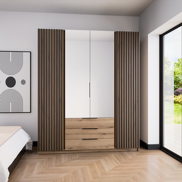 Šatní skříň KAJA 2LAM 2LU 3S | 200 cm | se zrcadly | VYSOKÁ | evoke + černé lamely