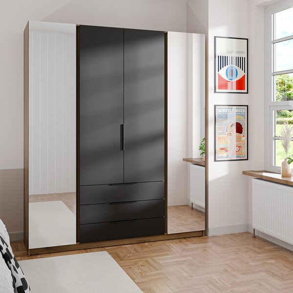 Šatní skříň KAJA 2LU 2F 3S | 200 cm | se zrcadly | VYSOKÁ | evoke/černá