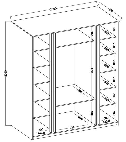 Šatní skříň KAJA 2LU 2F 3S | 200 cm | se zrcadly | VYSOKÁ | evoke/černá